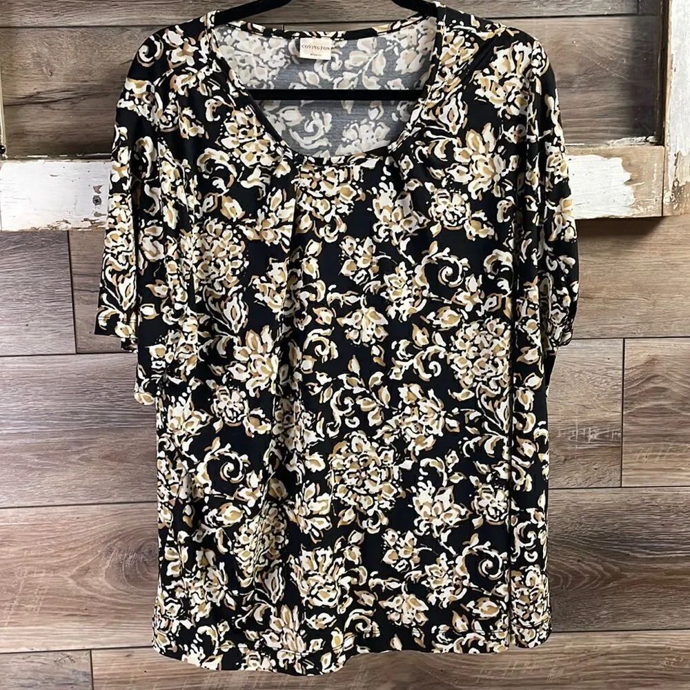 Covington Woman Plus Size Floral Blouse, Black with White and Tan